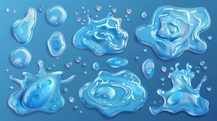 Poster - A realistic 3d modern illustration depicting water splashes and droplets isolated on a transparent background. The image shows hydration spots and spray droplets isolated on a transparent background.