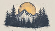 Hand-drawn travel badge with fir trees and mountains, generative Ai