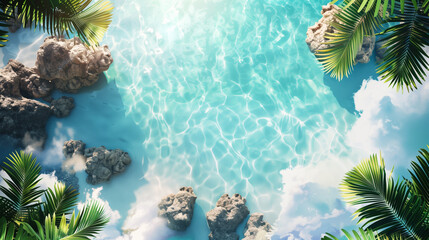 Poster - Top view of a tropical lagoon with clear blue water surrounded by rocks and palm leaves