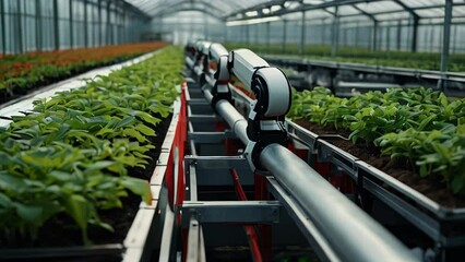 Poster - Smart farming, automated industrial robotic arm picking up plants in a greenhouse