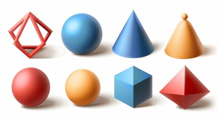 Poster - Shapes of hemisphere, octahedron, sphere, and torus, cone, cylinder, and pyramid with icosahedron. Voluminous geometric figures for education.