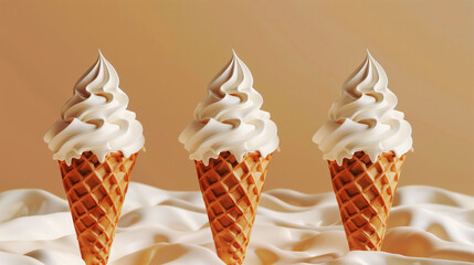 Sticker - Three swirls of soft serve ice cream in crispy waffle cones on a creamy background.