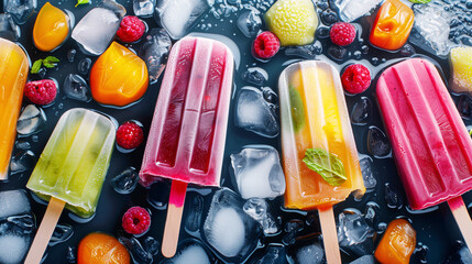 Canvas Print - Colorful fruit popsicles with berries and ice on a dark wet surface.