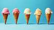 A row of five assorted ice cream cones against a blue background
