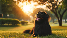 A Long-haired Black Dog Lying Down In A Grassy Park During Sunset. The Dog Is Looking Up With A Happy Expression, Tongue Out