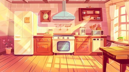 Wall Mural - A retro kitchen is empty with wooden table, furniture, and appliances, including an oven, range hood, refrigerator, and other kitchen equipment. The kitchen is illuminated by sunlight. Cartoon modern