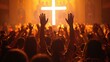 © AdorStudios - christian worshipers raising hands up in front of the cross church ceremony praying congregation spiritual worship and christianity symbol