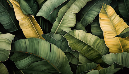 Pencil color drawing or painting of dark banana,plam leaves detail with dramatic shadow lighting.tropical botany floral wallpaper background.foliage greenery art with complex layer