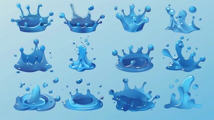 Poster - Water splash, video game cartoon effect set. Blue water spray motion, spatter blast, drip or ripple. Modern illustration with vfx.