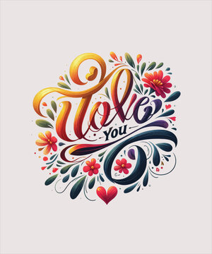 colorful lettering that says i love you, typographic style, made of flowers, artwork