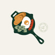 Frying pan with fried egg and sausage with bread. Breakfast illustration. Vector illustration