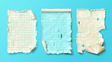 Poster - Modern illustration of old notebook and copybook pages with torn edges. Ripped scraps with striped pattern and square grid.