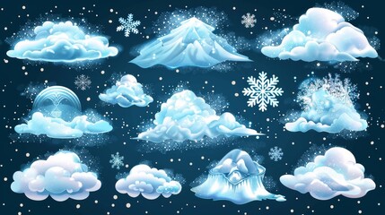 Poster - White air clouds with snowflakes and ice particles in shape of whirlwind, wave, spray, and flow, modern realistic set isolated on transparent background: an effect of cold winter winds with snow.