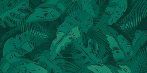 Wall Mural - Green palm tree leaves on green background. Tropical leaves, floral abstract pattern, vector illustration.