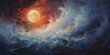 Oil drawing  painting of a moon in the sky. Graphic art canvas in dark blue colors illustration. Outdoor nature landscape view