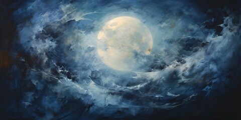 Wall Mural - oil drawing painting of a moon in the sky. graphic art canvas in dark blue colors illustration. outd