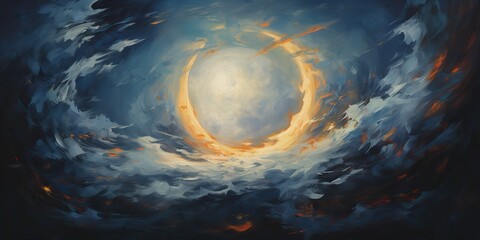 Wall Mural - oil drawing painting of a moon in the sky. graphic art canvas in dark blue colors illustration. outd