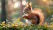 © AdorStudios - cute red squirrel, sciurus vulgaris, with long ears and fluffy tail eating a nut in green spring forest with copy space, lovely wild animal feeding