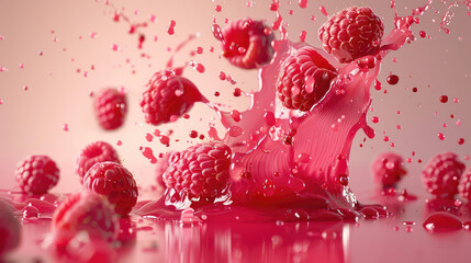 Raspberries in a dynamic red liquid splash