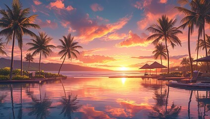 Canvas Print - A stunning sunset over the pool in Hawaii, with palm trees and vibrant colors reflecting in the water. 