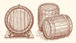 Oak barrel, hand drawn vector illustration. Wooden cask sketch drawing