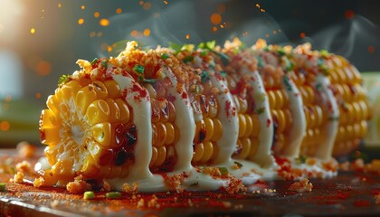 Wall Mural - Mexican Street Corn Delight, Celebrate the iconic Mexican street food favorite, elote (grilled corn on the cob), with images showcasing the smoky grilled corn slathered in mayonnaise, cheese, chili po