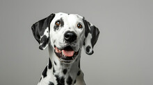 Studio Portrait Of A Dalmatian Dog With A Happy Face, On Pastel Blue Background
