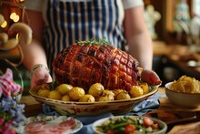 Person Holding Out A Roasted Entire Ham In A Baking Dish, Ready To Be Served For Christmas Dinner With Potatoes And Vegetables In Hand. Whole Fresh Baked Steaming Large Perfect Pink Pork Leg From Oven