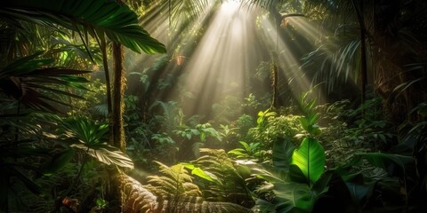 Wall Mural - Tropical rain jungle deep forest with beab ray light shining. Nature outdoor adventure vibe scene background view