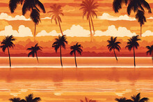 Seamless Pattern With Sunset, With The Late Afternoon Light Filtering Through Thick Clouds And Tall Coconut Trees At The Beach. The Sun Is On The Horizon, Casting A Tone Of Orange And Red In The Sky. 