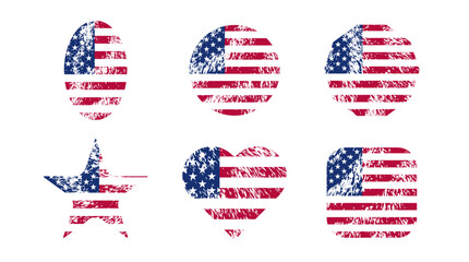 Wall Mural - Retro grunge texture usa flag collection in round, oval, heart, rectangle shapes vector illustration. Usa freedom flag to use in 4th july independence day, memorial day projects. 