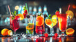 Selection of drinks  cocktails colorful on table with blurred bar background