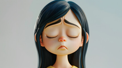 Wall Mural - Sad upset disappointed depressed Asian cartoon character girl young woman female person with closed eyes in 3d style design on light background. Human people feelings expression concept