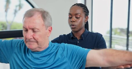 Wall Mural - Stretching, nurse and senior man for physiotherapy at hospital, wellness center and clinic for fitness, exercise and workout for health. Physiotherapist, medical worker and patient for healthcare