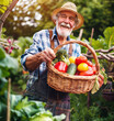 Portrait of a happy senior with basket full of freshly picked up homegrown vegetables on the garden