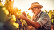 Mature man is working on collecting ripe grapes on vineyard
