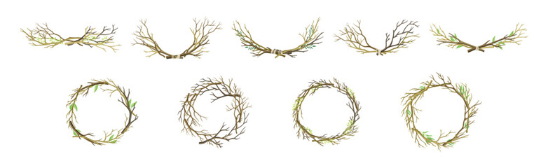 Wall Mural - Bare Tree Branch Entangled in Wreath and Semi Circle Vector Set