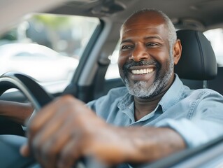 adult man smiling while driving car, happy man feeling comfortable sitting on driver seat in his new