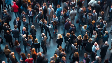 A diverse group of individuals standing in a crowded conference hall, engaged in conversations and networking during an event