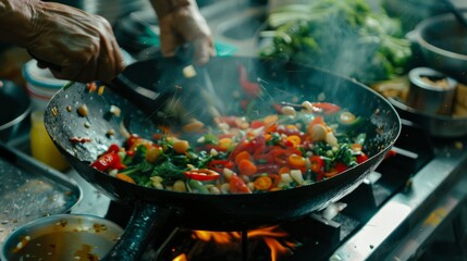 Poster - Close-up of hands skillfully tossing vibrant ingredients in a wok filled with food cooking on a stove