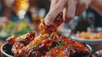 Wall Mural - Close-up of a hand pouring sauce over a spicy Buffalo wing on a plate