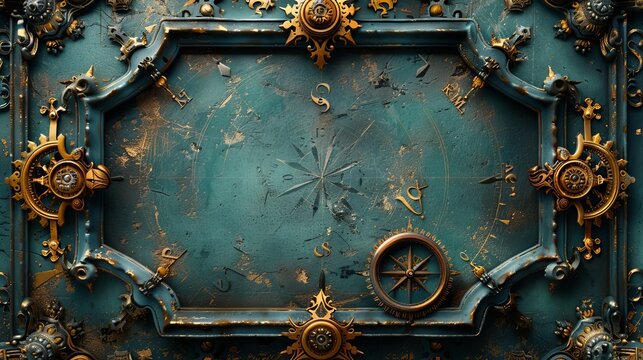 Intricate clockwork mechanism background with a fantasy compass 3D illustration on an old paper frame