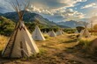Tipi village in a mountain valley. Cultural heritage and nature tourism concept