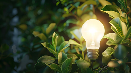 bright Light bulb with home green leaves and plants. for the concept of renewable clean energy and saving electricity bill cost using sustainable resources and consumption data