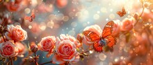 The Mysterious Spring Floral Banner Has Blooming Rose Flowers And Flying Butterflies On A Blurred Background And A Glowing Bokeh Effect