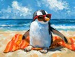 Penguin graphic with splashing water and sun illustration. Fun and vacation concept.