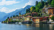 Tranquil lakeside town with colorful houses and lush green mountains. Wallpaper background.  Generative AI