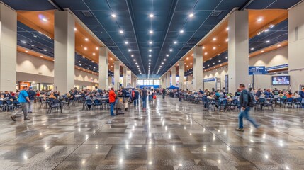 Wall Mural - A wide-angle view of a bustling conference hall with rows of chairs and booths filled with attendees engaged in various activities