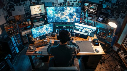 Wall Mural - A man sits at a desk in front of multiple computer monitors, focused on his work as a content creator in a busy workspace