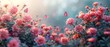 Spring or summer fairytale floral wide banner with rose flowers blossoming on a blurred beautiful background toned in bright colors and shining sun beams.